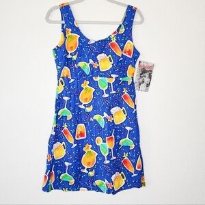 Big Hed Designs Vintage Blue Bar Drinks & Music Print Dress S NWT